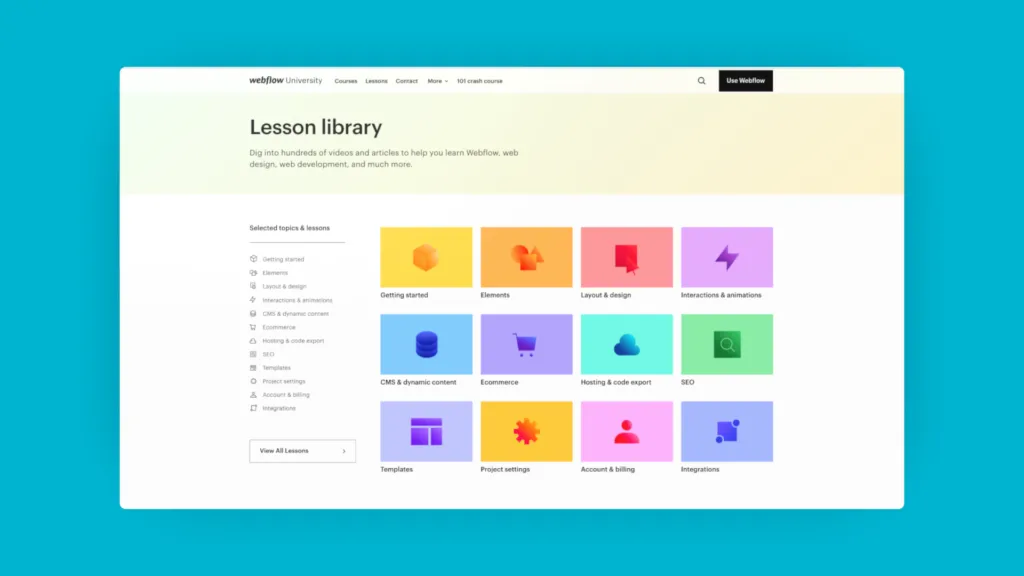 Webflow courses page with many possible categories
