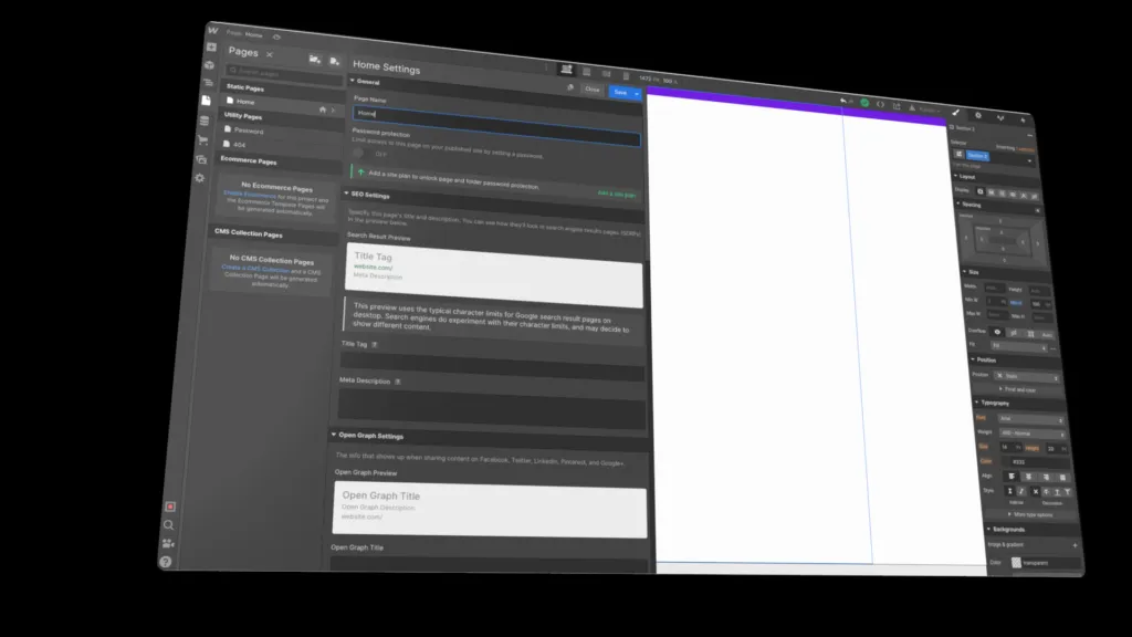 Webflow interface with a view of the SEO settings and the various fields to fill in