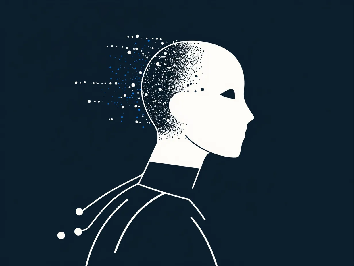 White robot with particles behind its head - Artificial intelligence