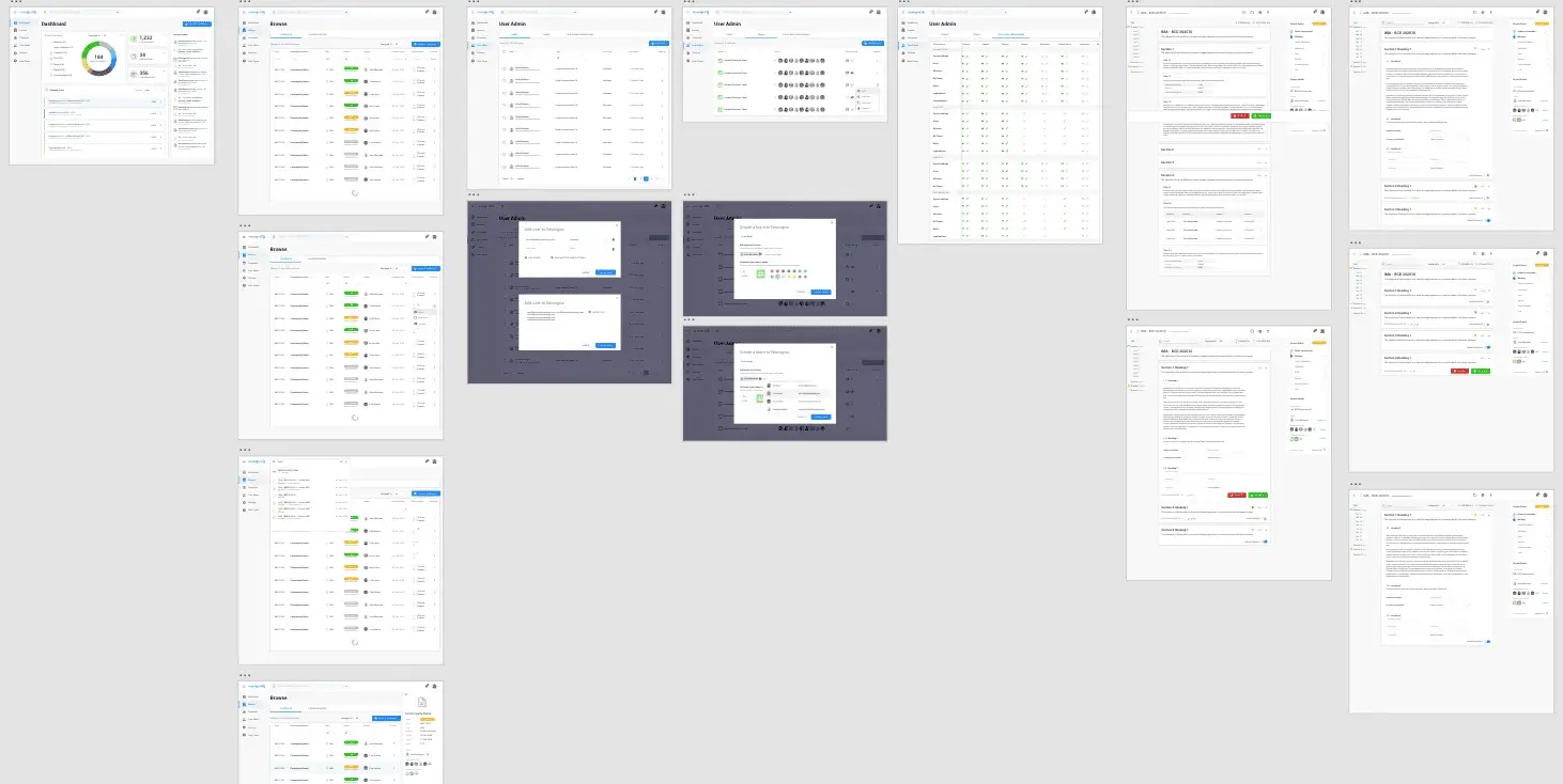 Wireframes of the Neosigna platform screens