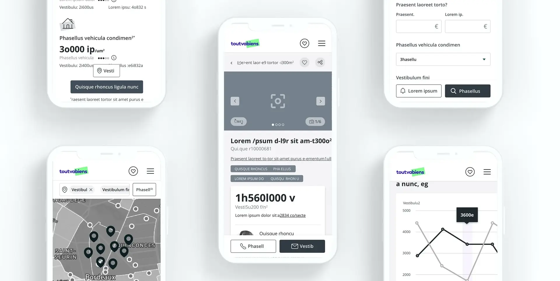 Wireframes du futur portail de services immobiliers au format mobile