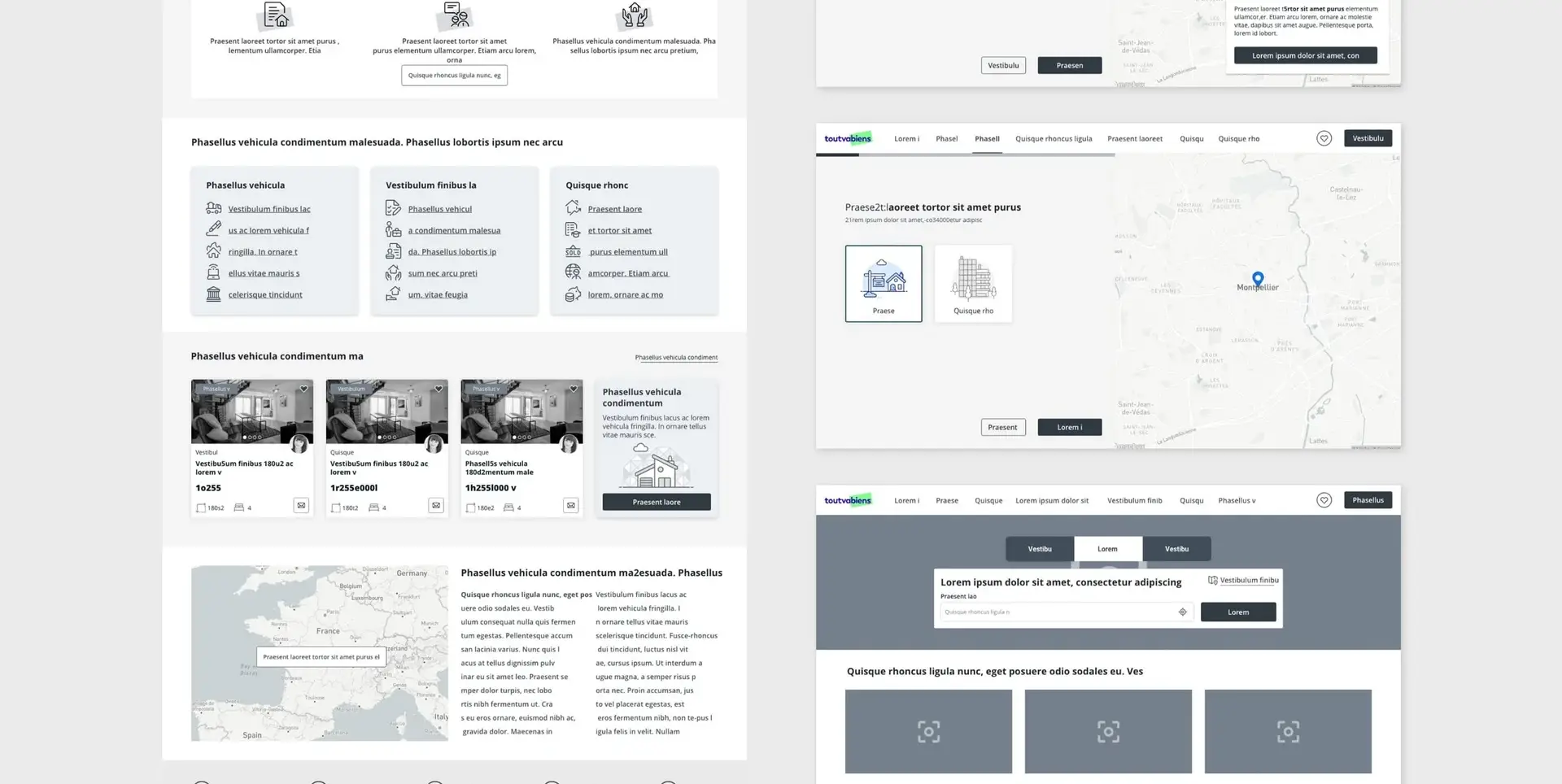 Wireframes format desktop d'un tunnel d'estimation de bien et une homepage pour le futur portail de services immobiliers