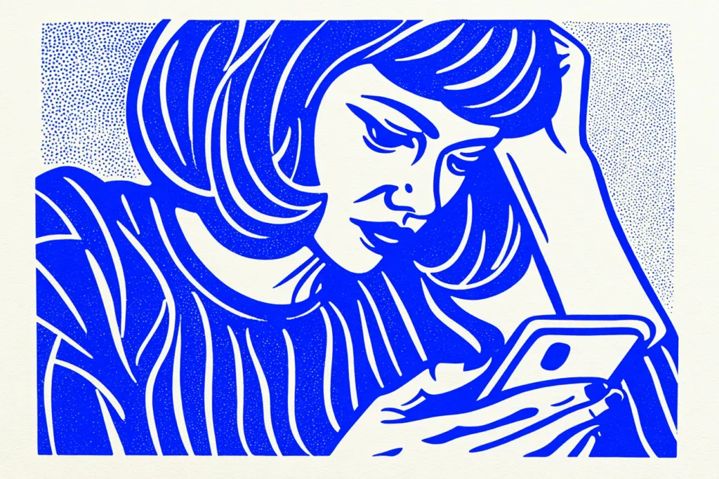Woman holding her phone, hand reaching towards the screen