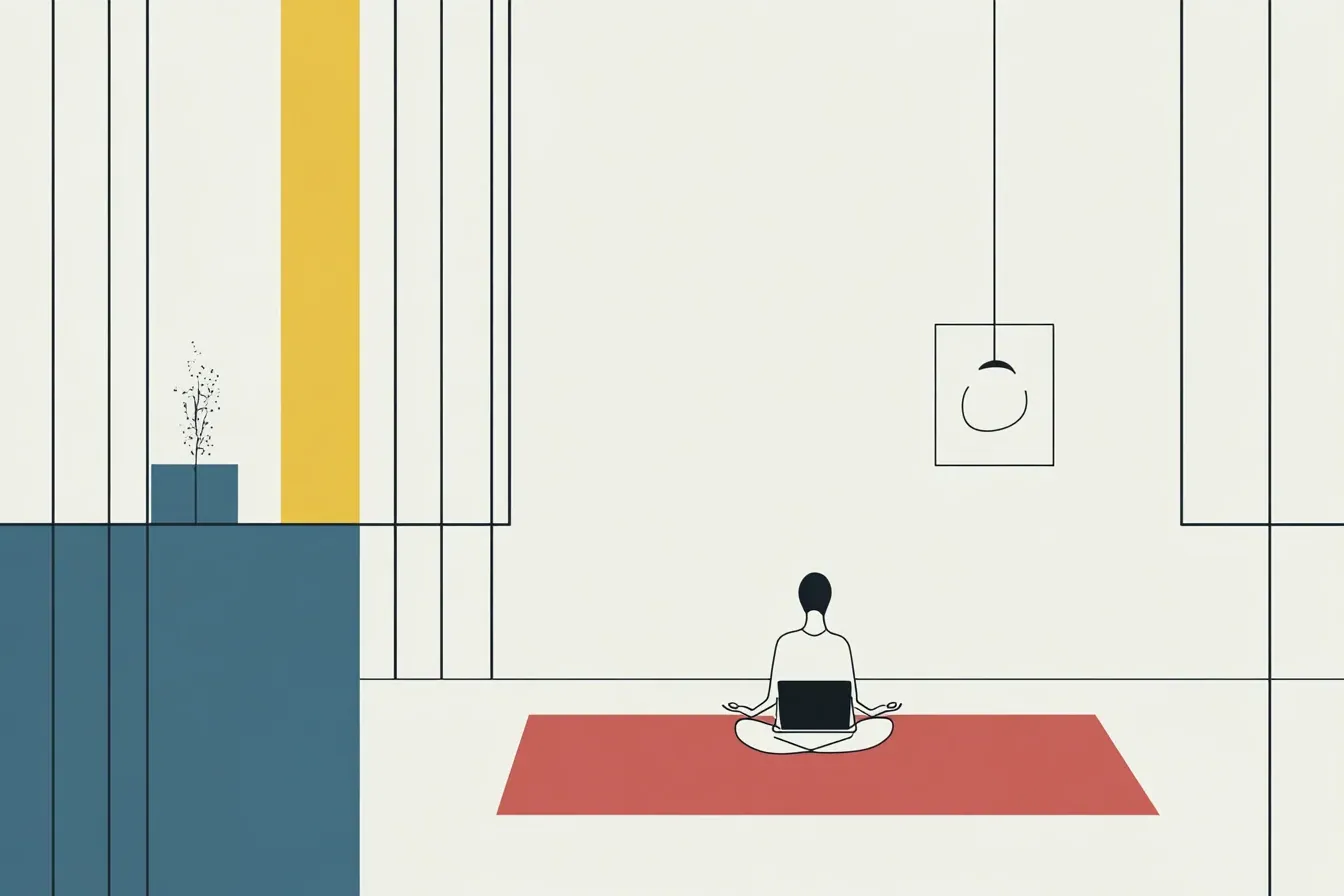 Woman sitting on a mat with her laptop, doing yoga