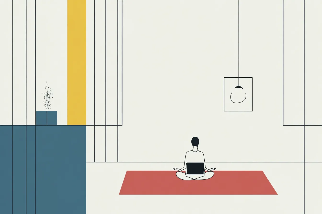Woman sitting on a mat with her laptop, doing yoga