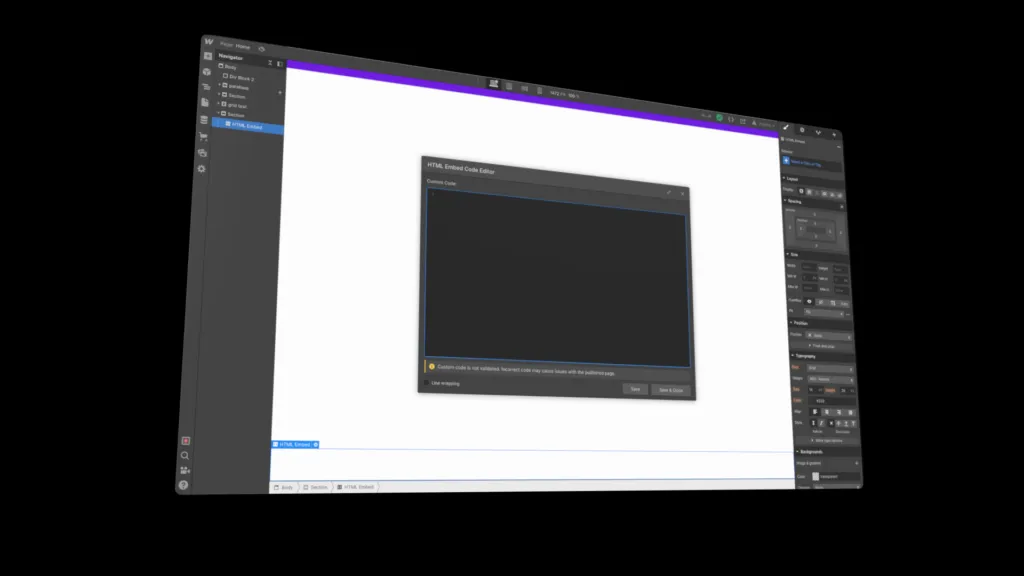 Zoom on the option to add code, in a dark-background pop-up