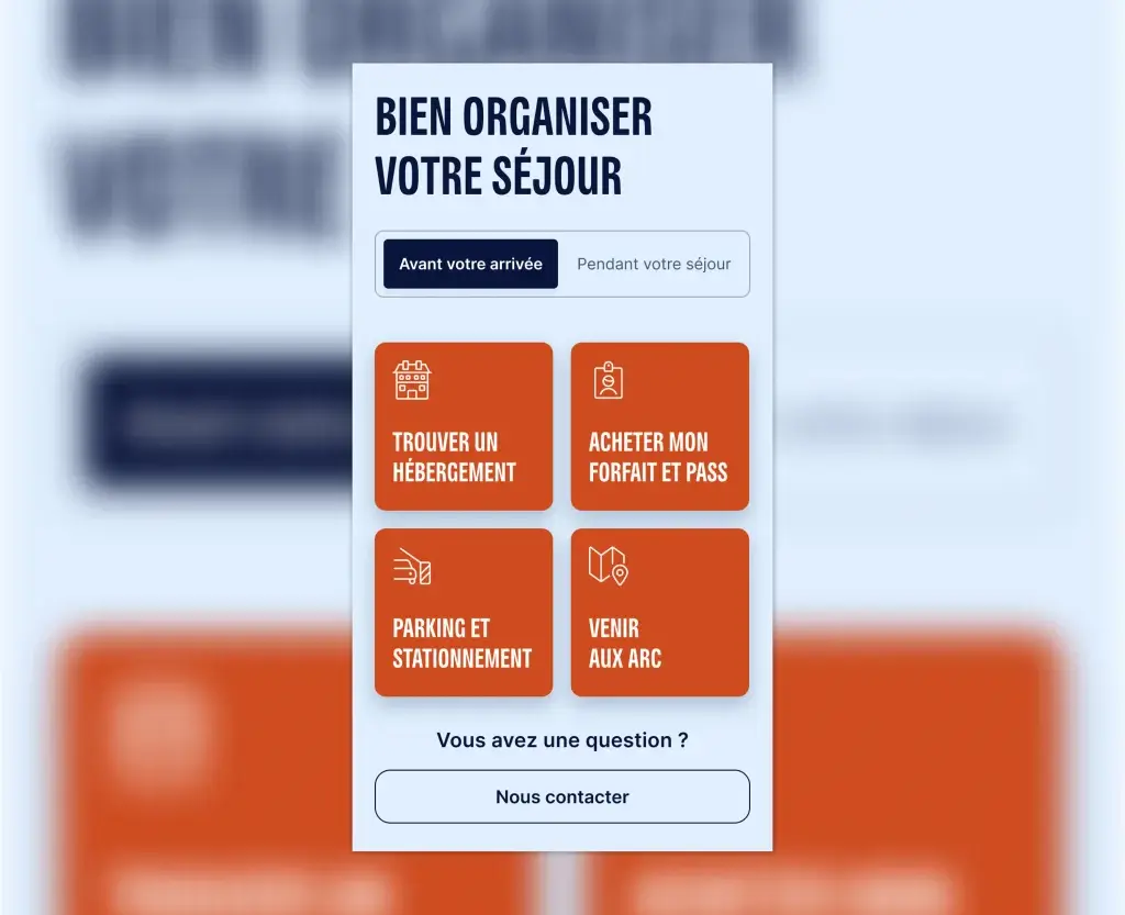 Close-up of the mobile interface for planning a stay in Les Arcs: find your accommodation, buy your ski pass and manage your parking in a few clicks