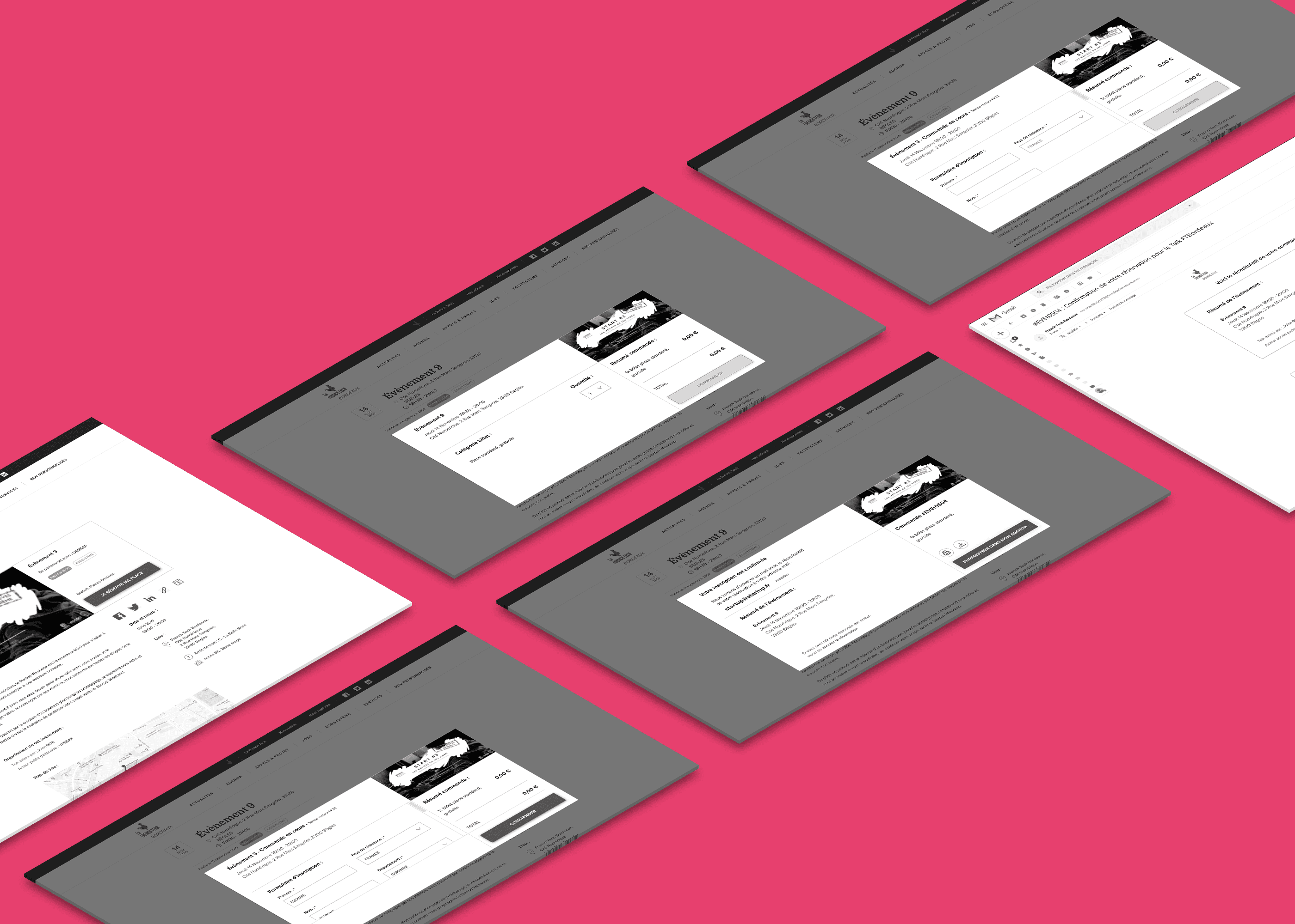 Wireframes du parcours d'inscription à un évènement