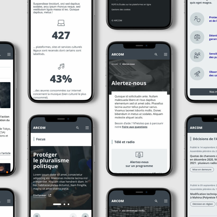 Présentation des wireframes au format mobile du nouveau portal internet de l'arcom