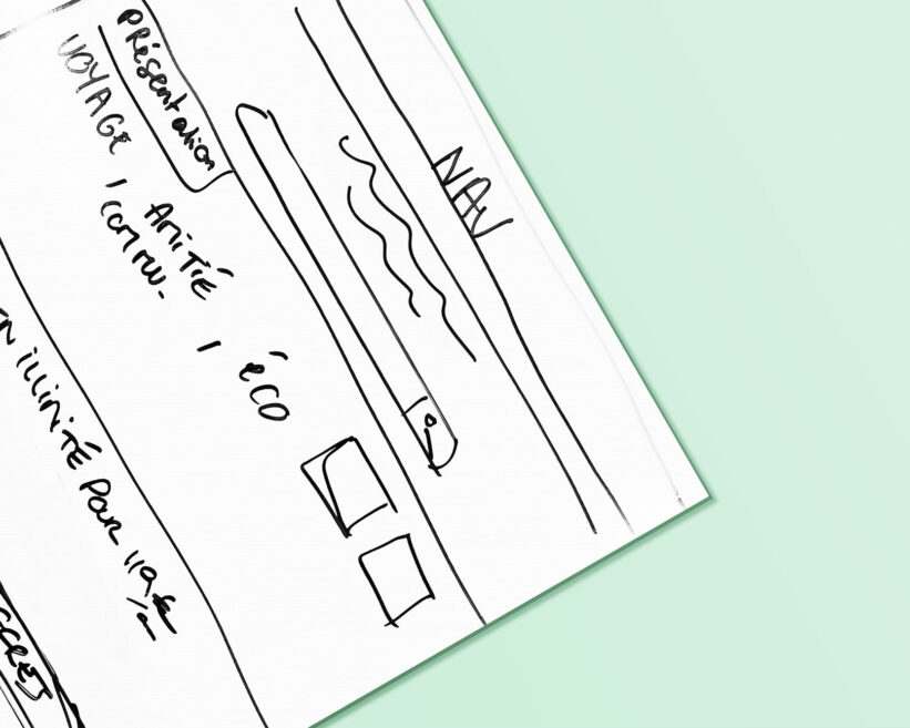 Sketch papier sur fond vert d'une homepage