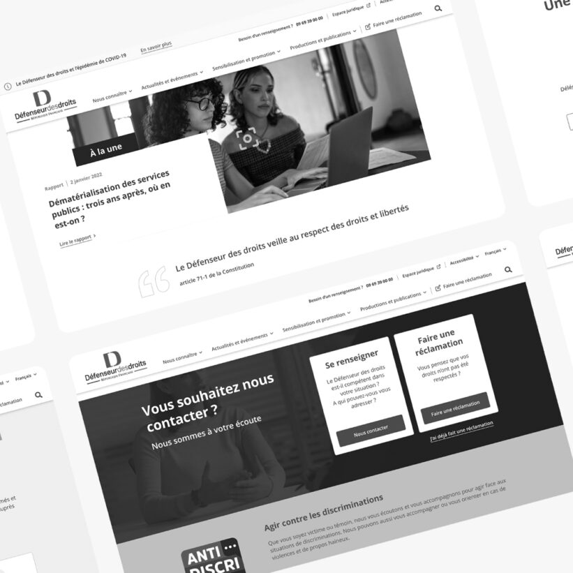Wireframes desktop pour la refonte du site internet du Défenseur des droits
