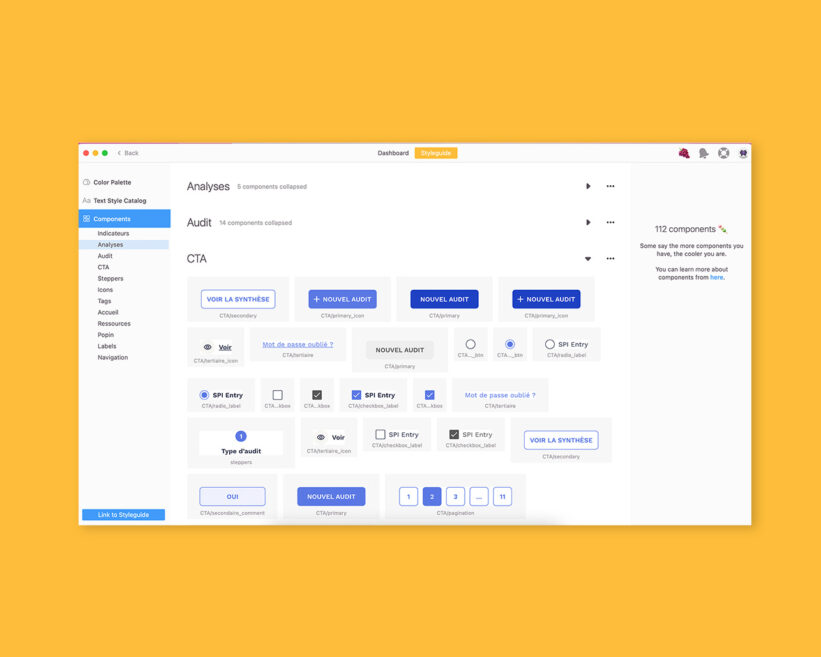 Exemple d'une livraison sous Zeplin, partie design system, pour le sprint UI