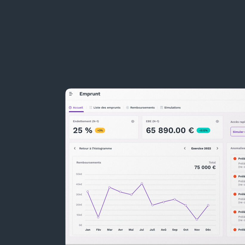Focus sur l'écran dashboard du module emprunt avec charte graphique concernant la refonte de l'outil métier à destination des comptables