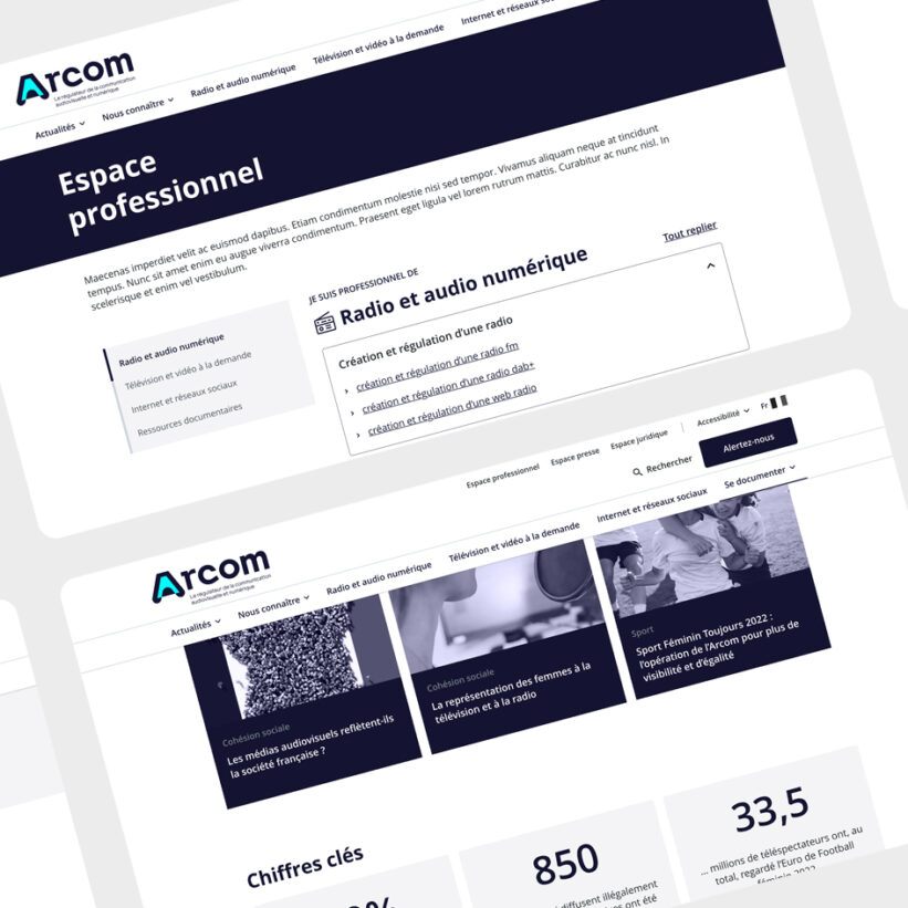 Wireframes au format desktop pour la version améliorée du portail provisoire de l'arcom
