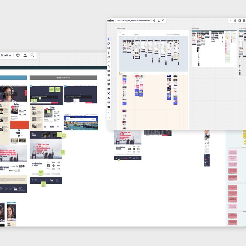 Écrans affichant les environnements Miro d'un atelier de co-conception en ligne