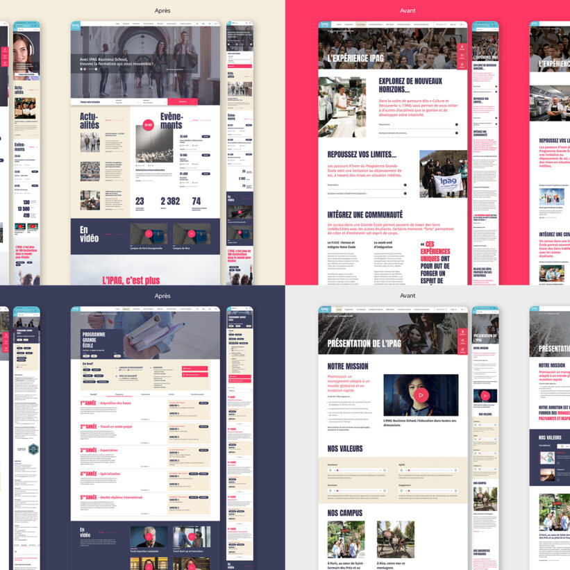 Image affichant les maquettes graphiques du site IPAG avant et après des améliorations ergonomiques