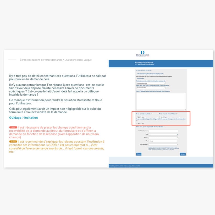 Capture d'écran de l'audit du formulaire actuel avec les recommandations
