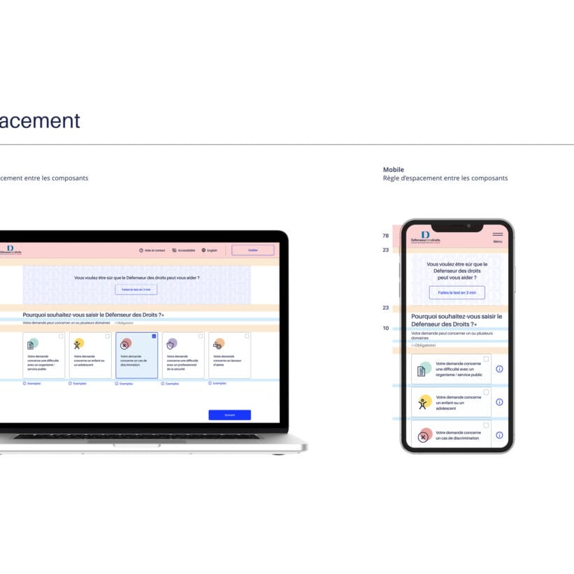 Document de handoff permettant d'expliquer la taille des espaces sur certain composant et les principaux gabarits de page du nouveau formulaire de saisine du Défenseur des droits au format desktop et mobile