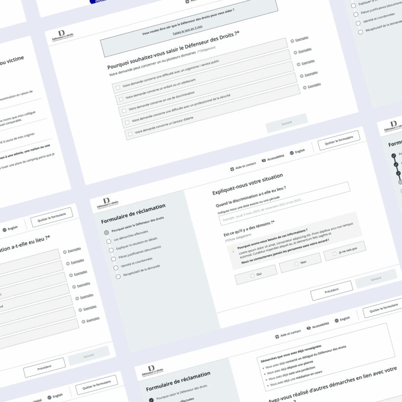 Présentation des maquettes en nuance de gris du nouveau formulaire de saisine lors de la phase ux design