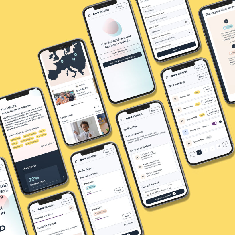 Vue axonométrique d'une série d'Iphones affichant les maquettes graphiques d'une plateforme médicale