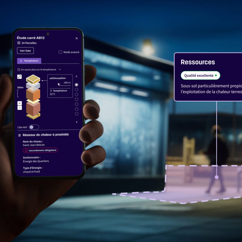 scène urbaine avec un mockup d'un téléphone mobile, affichant une application de géothermie, tenu par une main