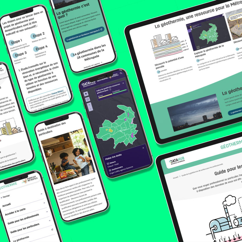 Écrans mobile et tablet affichant le portail de la géothermie de Bordeaux Métropole