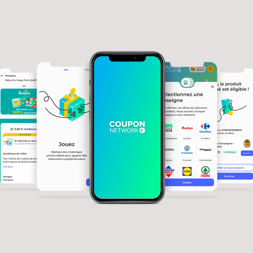 Image présentant les écrans de l'application Coupon Network
