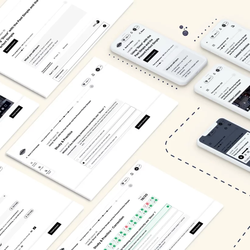 Mockup de plusieurs écrans desktop et mobile de la boucle d'apprentissage de la plateforme boostée par IA