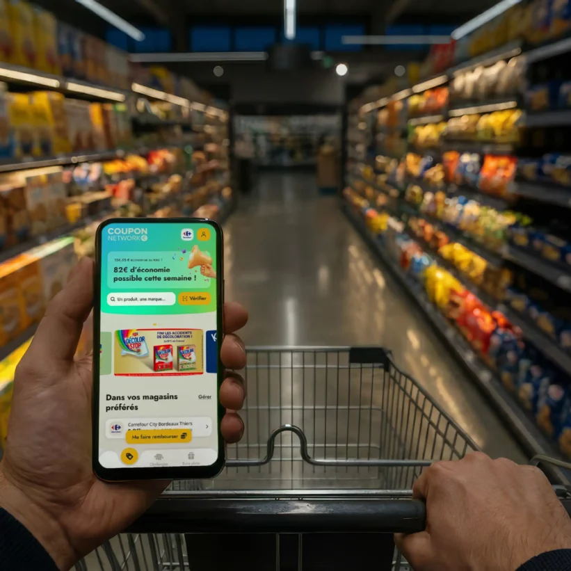 Main tenant un smartphone affichant l'application Coupon Network dans un rayon de supermarché