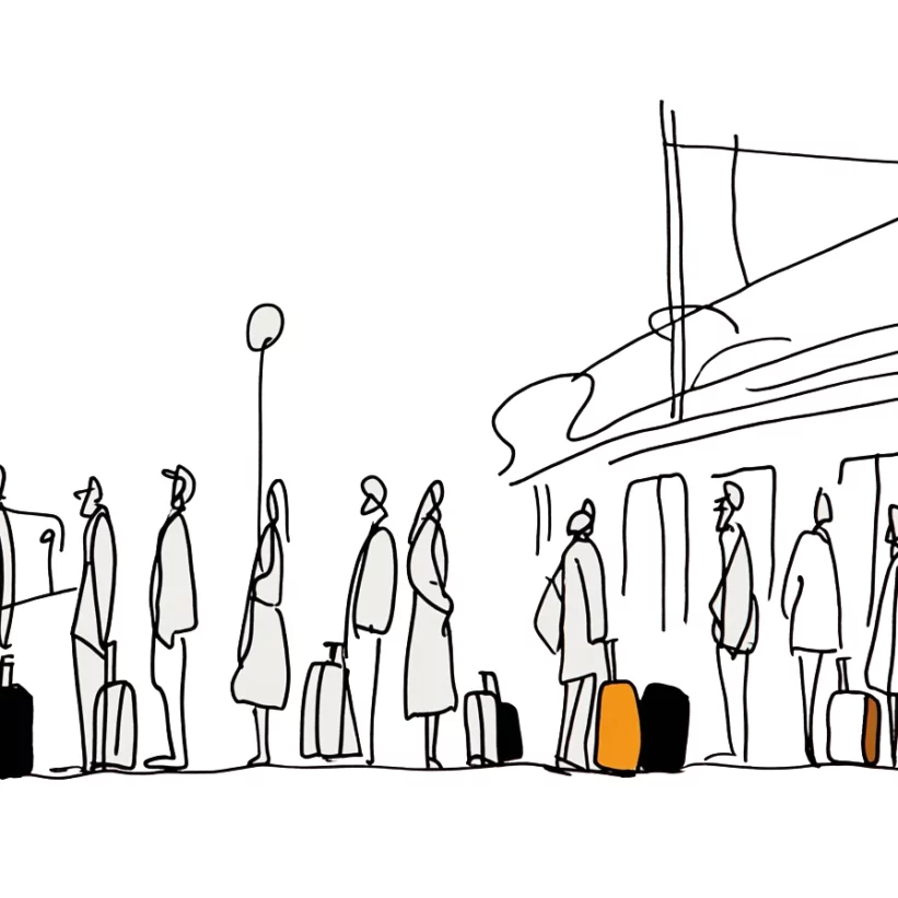 Dessin au trait minimaliste de voyageurs faisant la queue sur un quai avec leurs valises, attendant pour monter dans un train ou un bus.