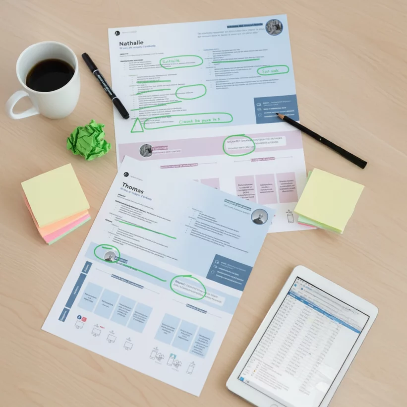 Deux fiches persona, l'une pour Nathalie et l'autre pour Thomas, sont posées sur une table en bois clair. Elles comportent des annotations au feutre vert, entourant notamment des objectifs ou des tâches. À côté se trouvent une tasse de café noir, un marqueur, un crayon à papier, une boule de papier froissé vert, deux piles de notes adhésives colorées et une tablette affichant un tableau de données