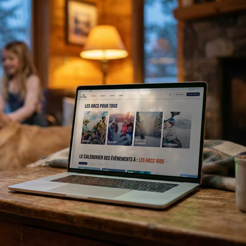 Ordinateur portable posé sur une table en bois, affichant la page web d'une station de montagne intitulée