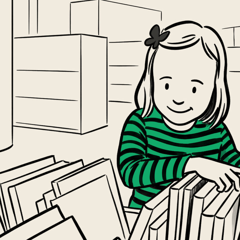 une jeune lectrice qui choisit un livre dans une bibliothèque